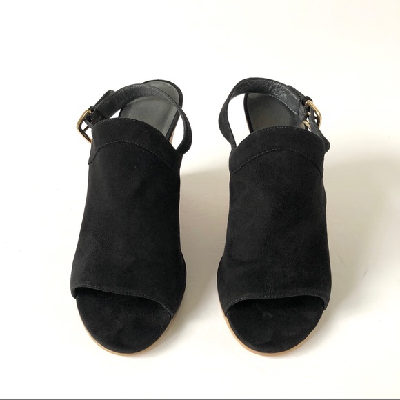 Stuart Weitzman Liner Black Suede Open Toe Sling Back Cork Wedge Sandals - Picture 5 of 8